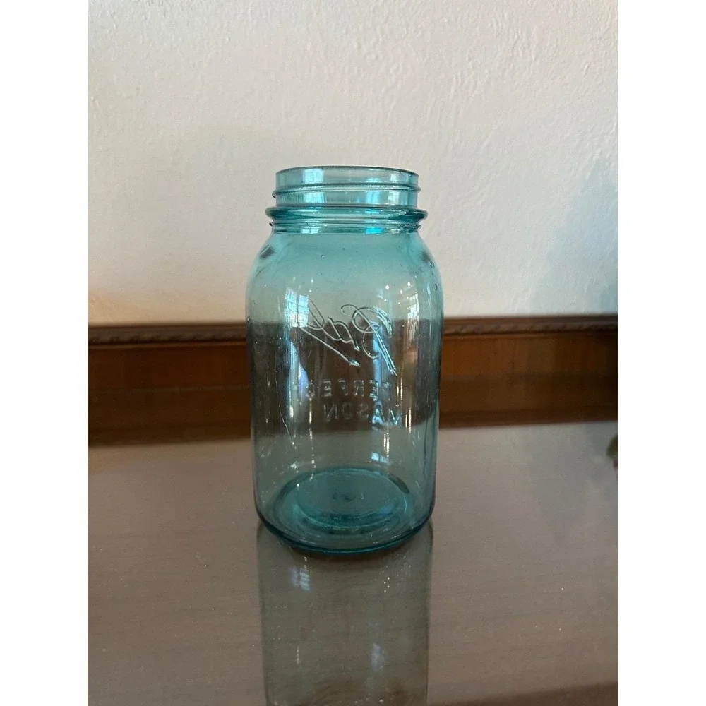 Antique Ball Perfect Mason Blue Quart Jar 1910-1923 Aqua Glass Mold 5